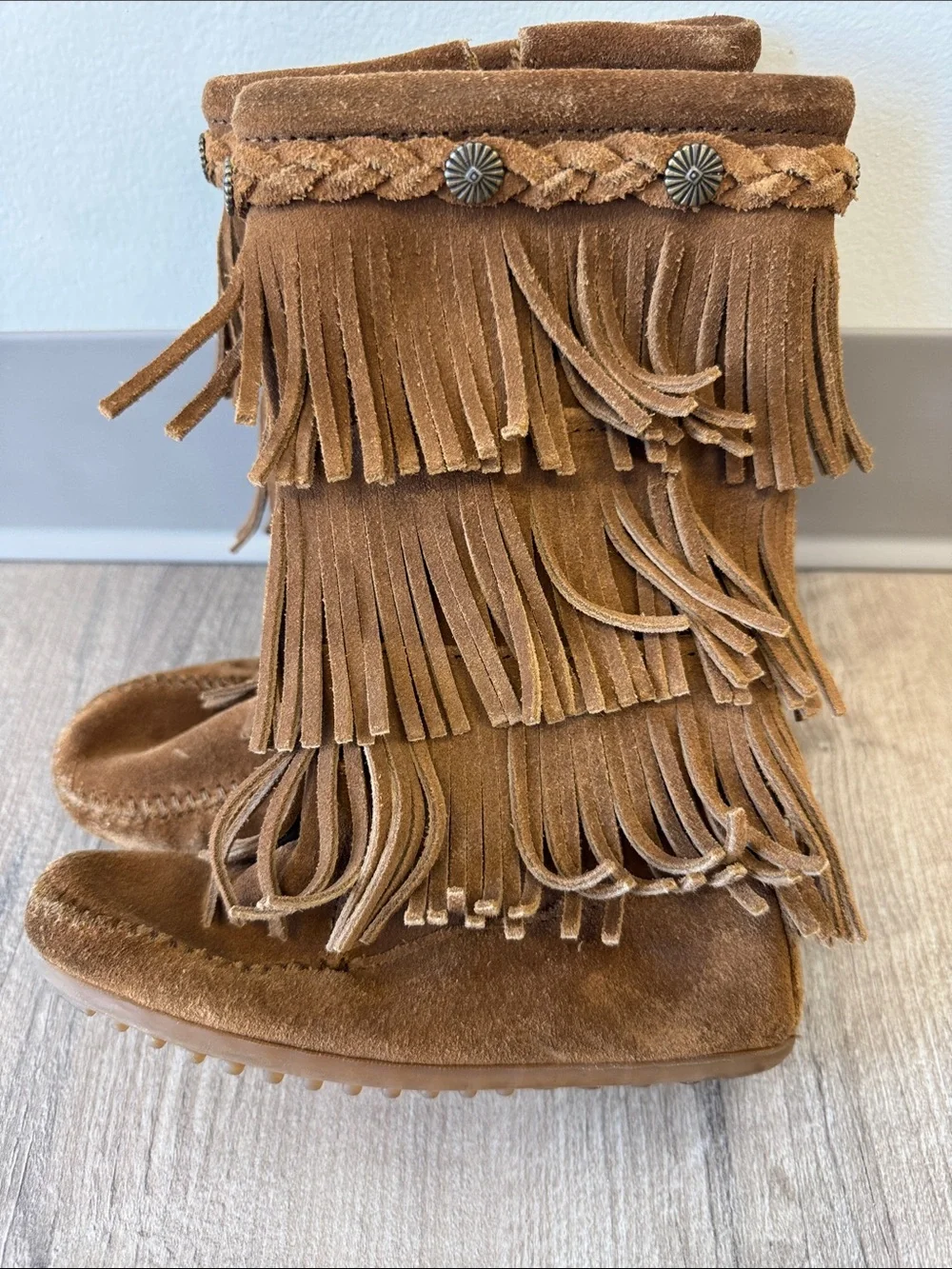 Minnetonka Brown Suede Triple Fringe Moccasin Boots with Braided Trim